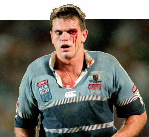 Paul Harragon of the Blues goes to the blood bin during game three of the State Of Origin series between the Blues and Maroons in 1997. Paul Harragon of the Blues goes to the blood bin during game three of the State Of Origin series between the Blues and Maroons in 1997.